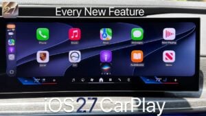 Apple TV app streaming video on a CarPlay screen while parked.