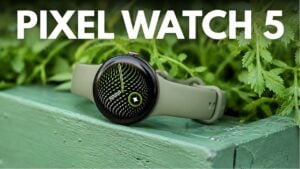 Render of the Google Pixel Watch 5 showing its circular display and digital crown.