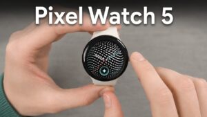 A rendered mockup of the rumored Google Pixel Watch 5 on a wrist.