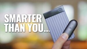A close-up of the slim, card-sized Plaud Note Pro voice recorder.
