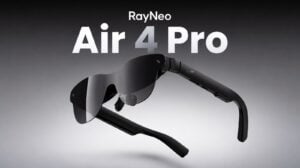 A pair of RayNeo Air 4 Pro glasses resting on a flat surface next to their carrying case.