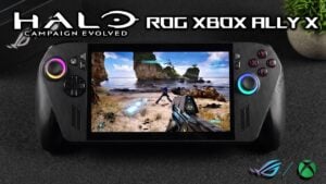 ROG Xbox Ally X running Halo Campaign Evolved in handheld mode.