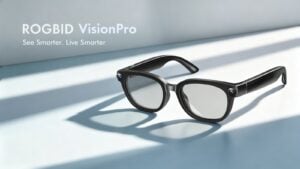 Person wearing Rogbid VisionPro smart glasses for hands-free calling.