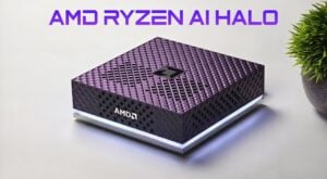 Front view of the AMD Ryzen AI Halo mini PC showing the purple gradient finish and LED bar.