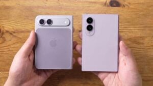 The Galaxy Z Fold 8 placed next to a mockup of the rumored iPhone Ultra.