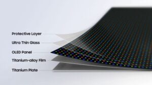 Close up of a Samsung foldable display featuring Flex Titanium technology.