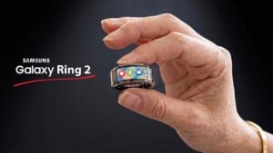 A sleek Samsung Galaxy Ring 2 worn on a person's index finger.