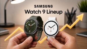 Close up of the Samsung Galaxy Watch 9 displaying a digital watch face.