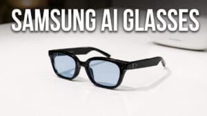 Samsung AI smart glasses resting on a display stand.