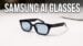 Samsung AI smart glasses resting on a display stand.