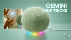 The new Google Home speaker placed on a living room table.