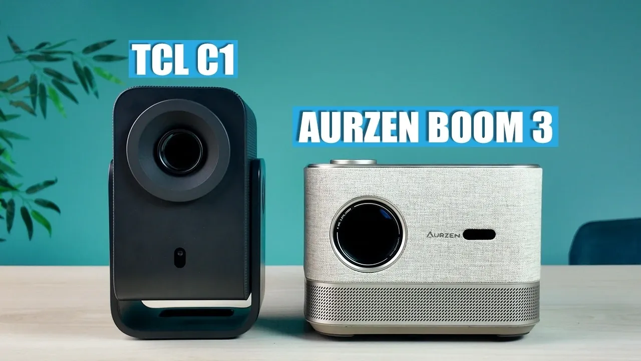 The compact TCL C1 projector resting on its 285-degree rotatable stand.