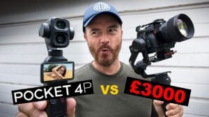 Side-by-side video frame comparison of DJI Pocket 4P and Sony A7V.