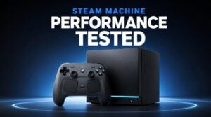 A sleek Steam Machine console connected to a modern television.