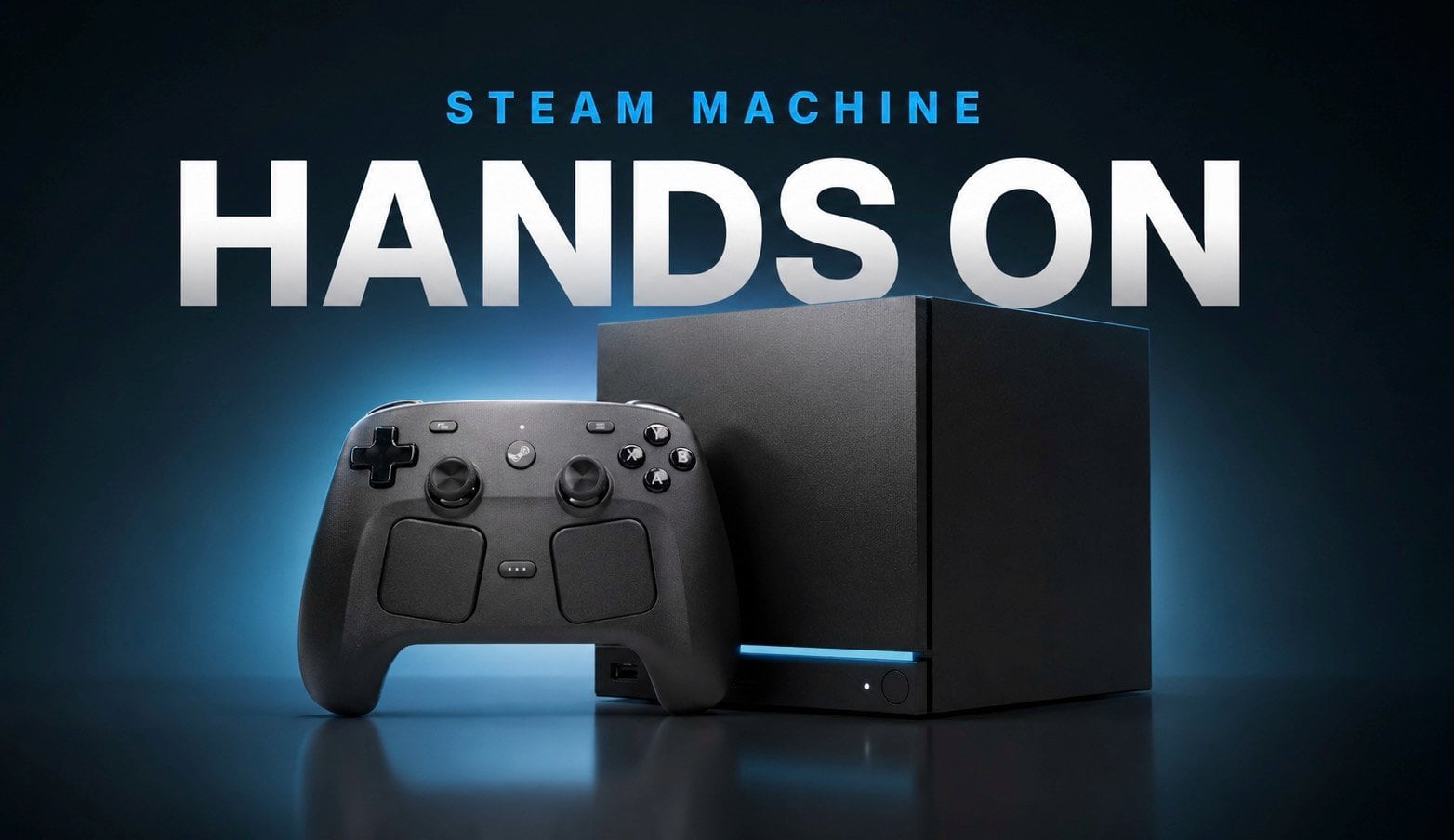 Front view of the compact Steam Machine gaming console on a desk.
