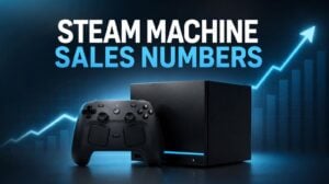 A black Steam Machine console sitting on a desk.
