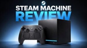 A black Steam Machine console resting on an entertainment center