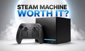Front view of the Steam Machine gaming PC on a TV stand.
