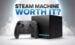 Front view of the Steam Machine gaming PC on a TV stand.