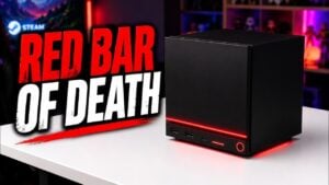 A Steam Machine console displaying the red line of death error indicator.