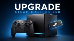 A Steam Machine console opened to reveal the internal SSD.