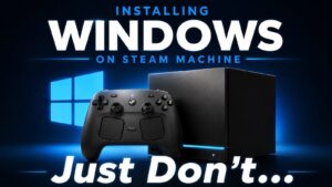 A Steam Machine console displaying the Windows operating system on a monitor.