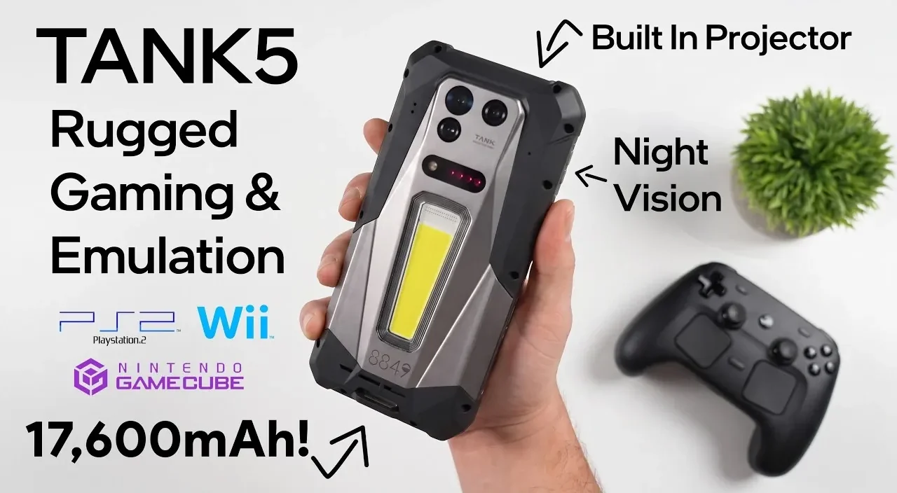 A rugged smartphone using its built-in lens to project a video onto a wall.