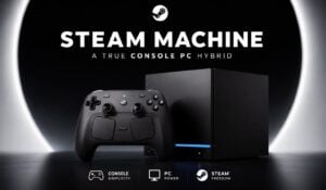 The Valve Steam Machine compact gaming PC on an entertainment center