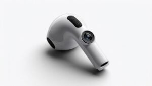 Concept render of AirPods Pro featuring a built-in camera lens on the stem.