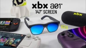 Front view of the new XBX A01+ AR glasses showing the polarized lenses and composite frame.