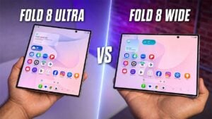 Side-by-side comparison of the Samsung Galaxy Z Fold 8 Ultra and Fold 8 displays.