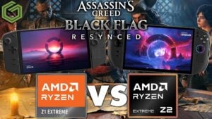 Performance benchmark chart comparing frame rates between the Z1 Extreme and Z2 Extreme chips.