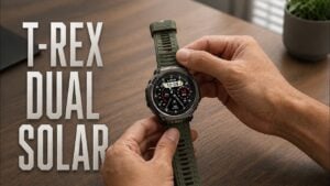 A rugged Amazfit smartwatch with a dark gray casing and textured bezel