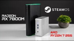 A compact AMD Ryzen 7 mini PC sitting on a desk.