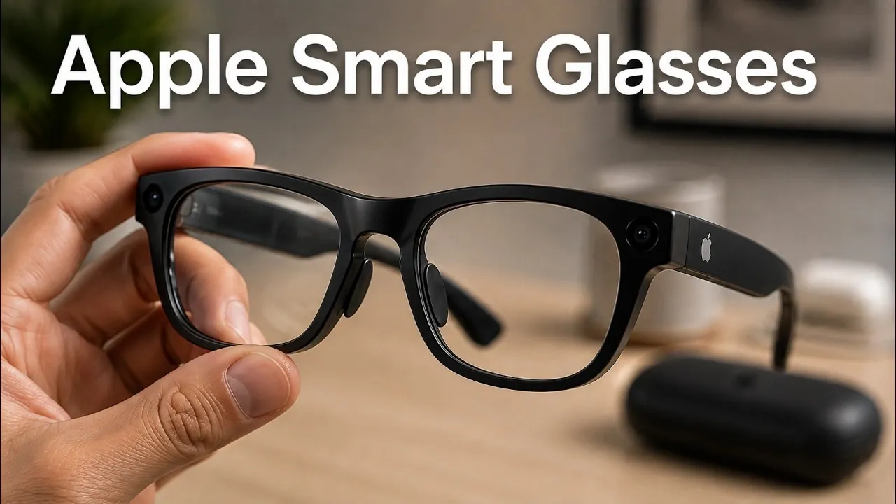 Smart glasses displaying AI object recognition text projected onto the lenses.
