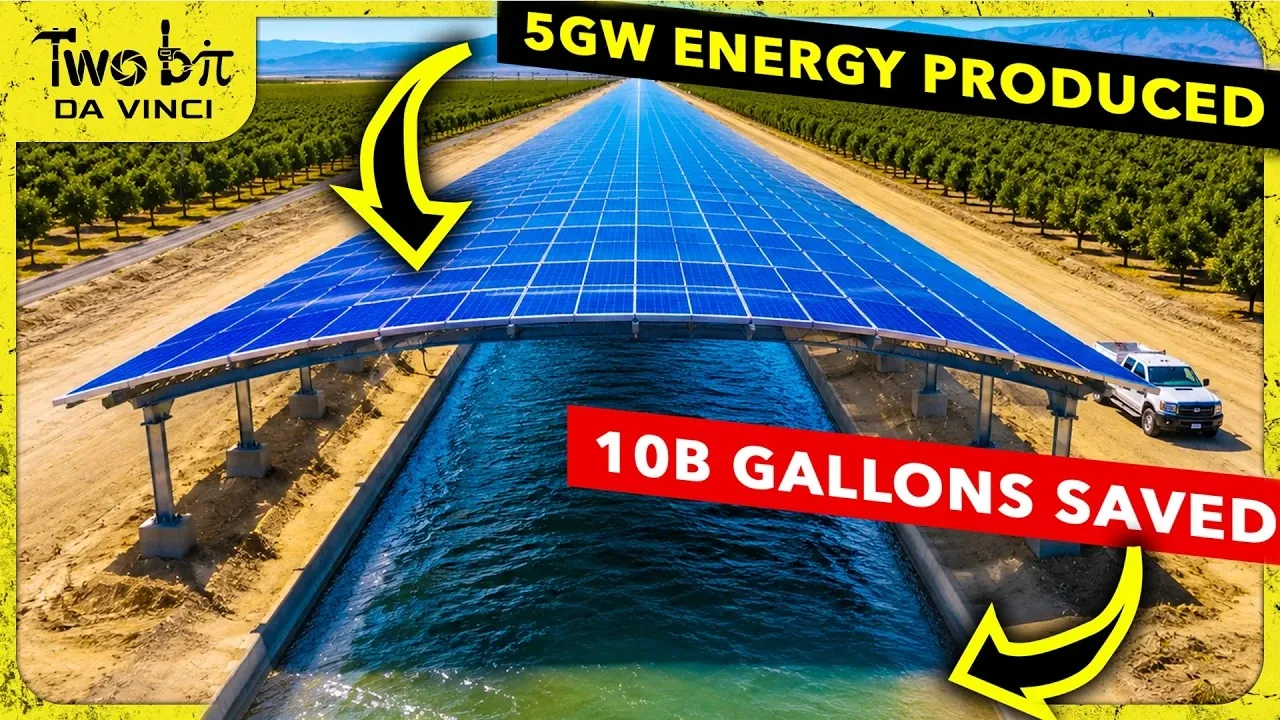 Solar panels installed horizontally over a concrete irrigation canal.