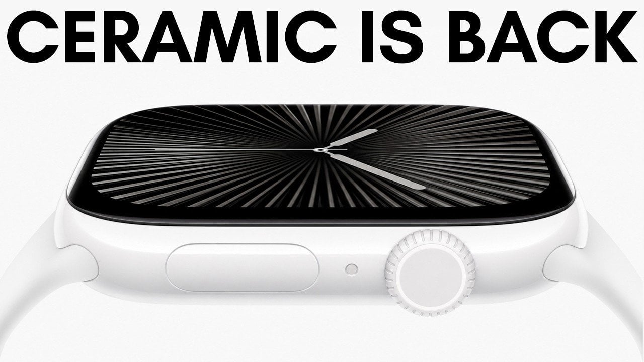 A glossy white ceramic Apple Watch worn on a wrist.