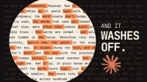 A digital visualization of hidden code embedded within standard text paragraphs