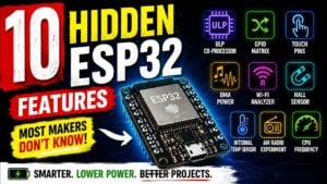 A close-up view of an ESP32 microcontroller chip on a green circuit board.