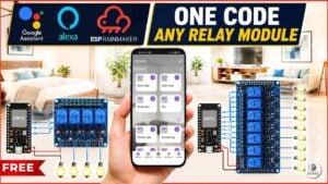 ESP32 microcontroller connected to an 8-channel relay module.