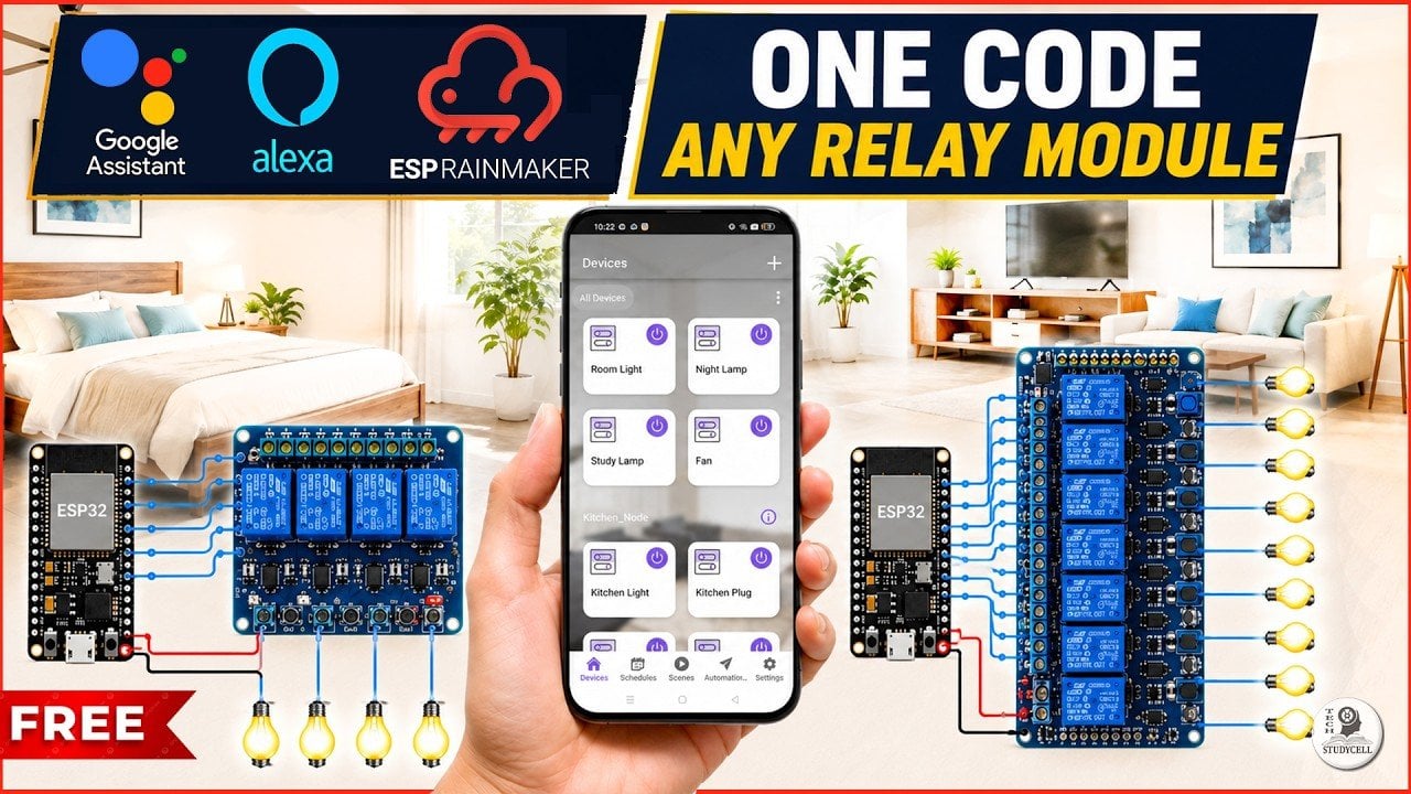 ESP32 microcontroller connected to an 8-channel relay module.
