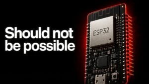 Close up of the ESP32 S3 microcontroller chip on a circuit board.