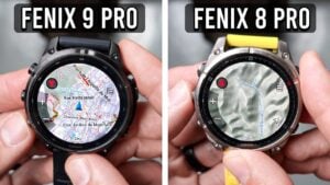 Side-by-side comparison of mapping screens on the Garmin Fenix 9 Pro and Fenix 8 Pro.