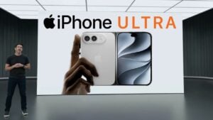 Concept render of a foldable smartphone partially opened on a desk.