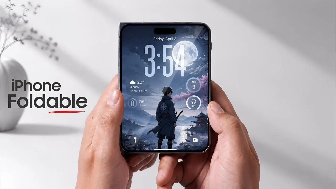 Mockup of the rumored iPhone Fold Ultra displaying the home screen.