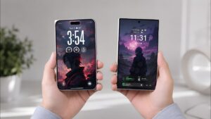 A conceptual rendering of the rumored Apple iPhone Fold next to the Samsung Galaxy Z Fold 8.