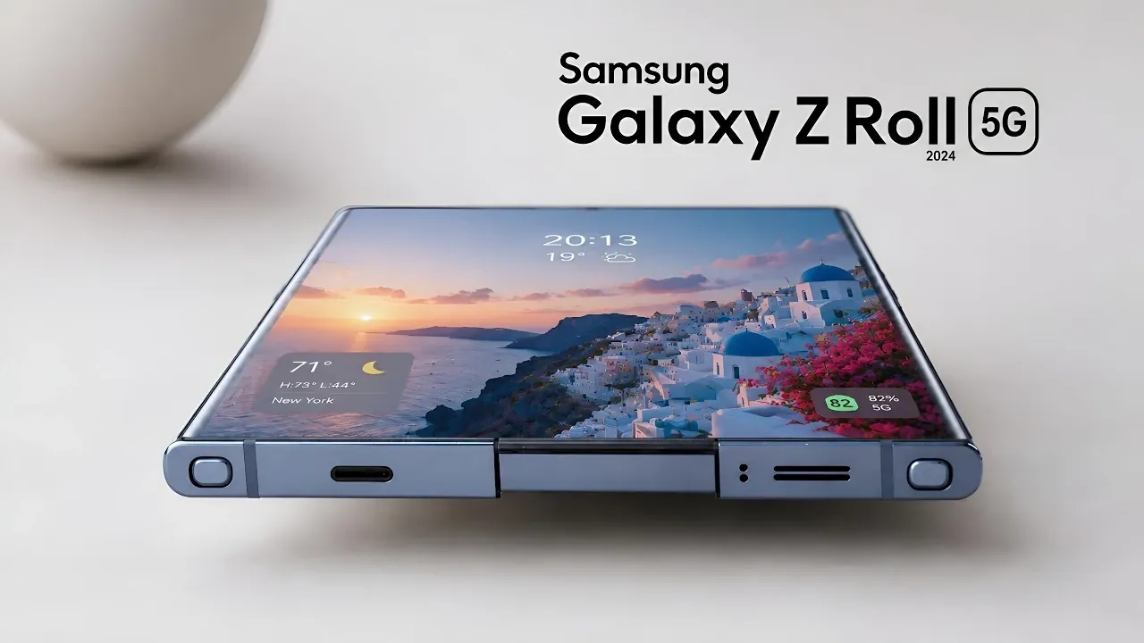 A person holding a rumored Samsung rollable phone prototype.