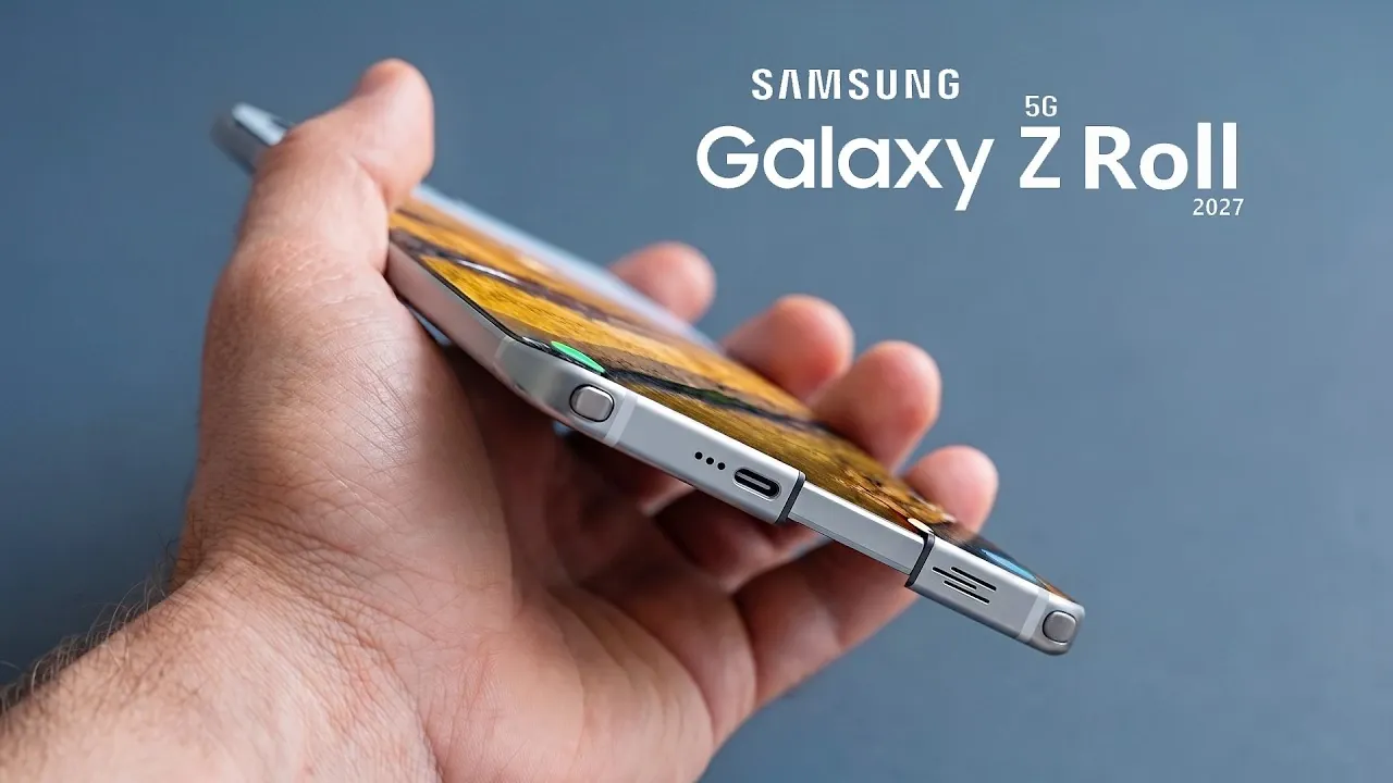 Close up of a rollable OLED display extending into a tablet size