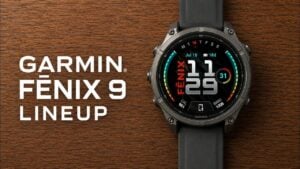 Garmin Fenix 9 smartwatch displaying a detailed map on its 3,000-nit AMOLED screen.