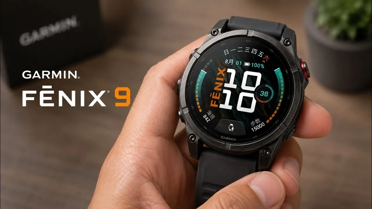 A lineup of the 43 mm, 47 mm, and 51 mm Garmin Fenix 9 models side by side.